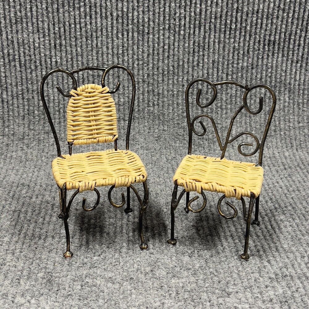 Vintage‎ Doll Furniture Metal & Wicker 6.5” Tall Chairs Playhouse Decor Set Of 2